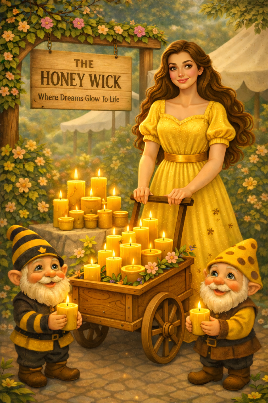The Honey Wick market with candles and gnomes