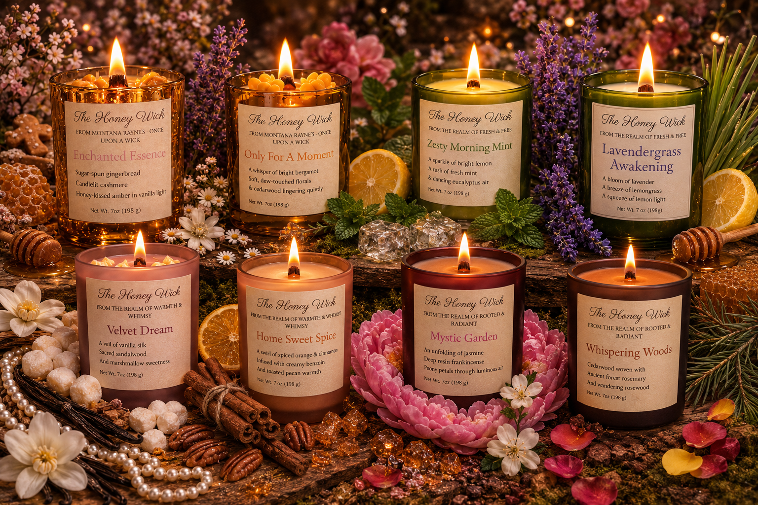 The Honey Wick candles displayed in a whimsical setting, evoking a sense of magic and wonder